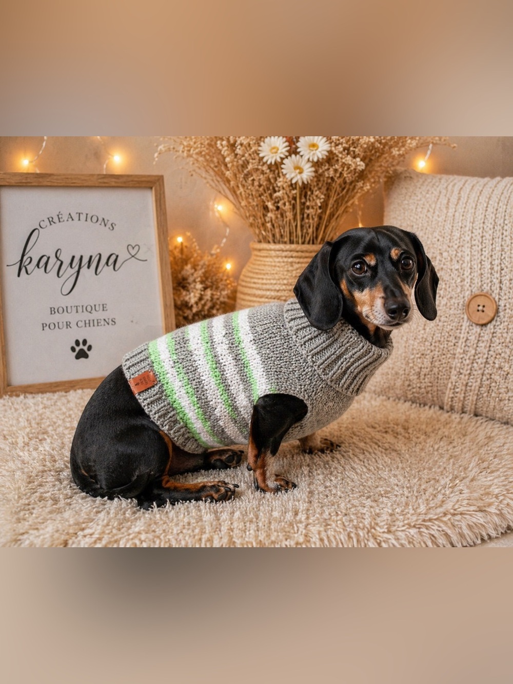 Handmade Gray & Green Striped Knit Dog Sweater - Cozy Turtleneck